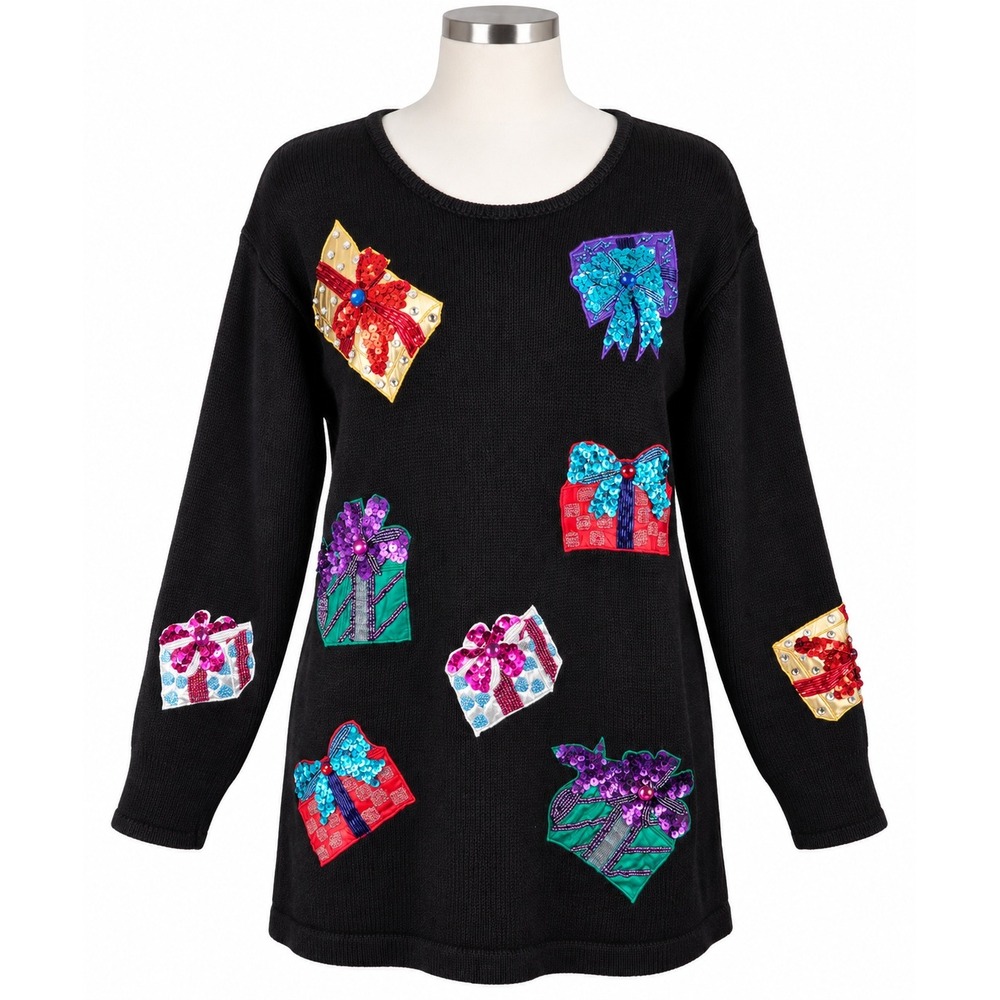 Vintage Lew Magram Christmas Sweater M Sequin Beaded Gift Box Holiday Black